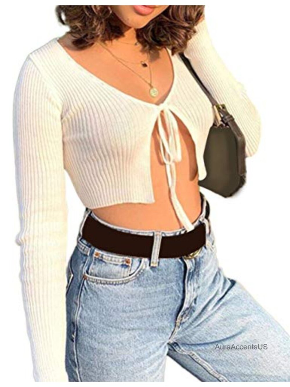 Women's Tie Front Cardigan Long Sleeve Lace Open Ribbed Crop Top